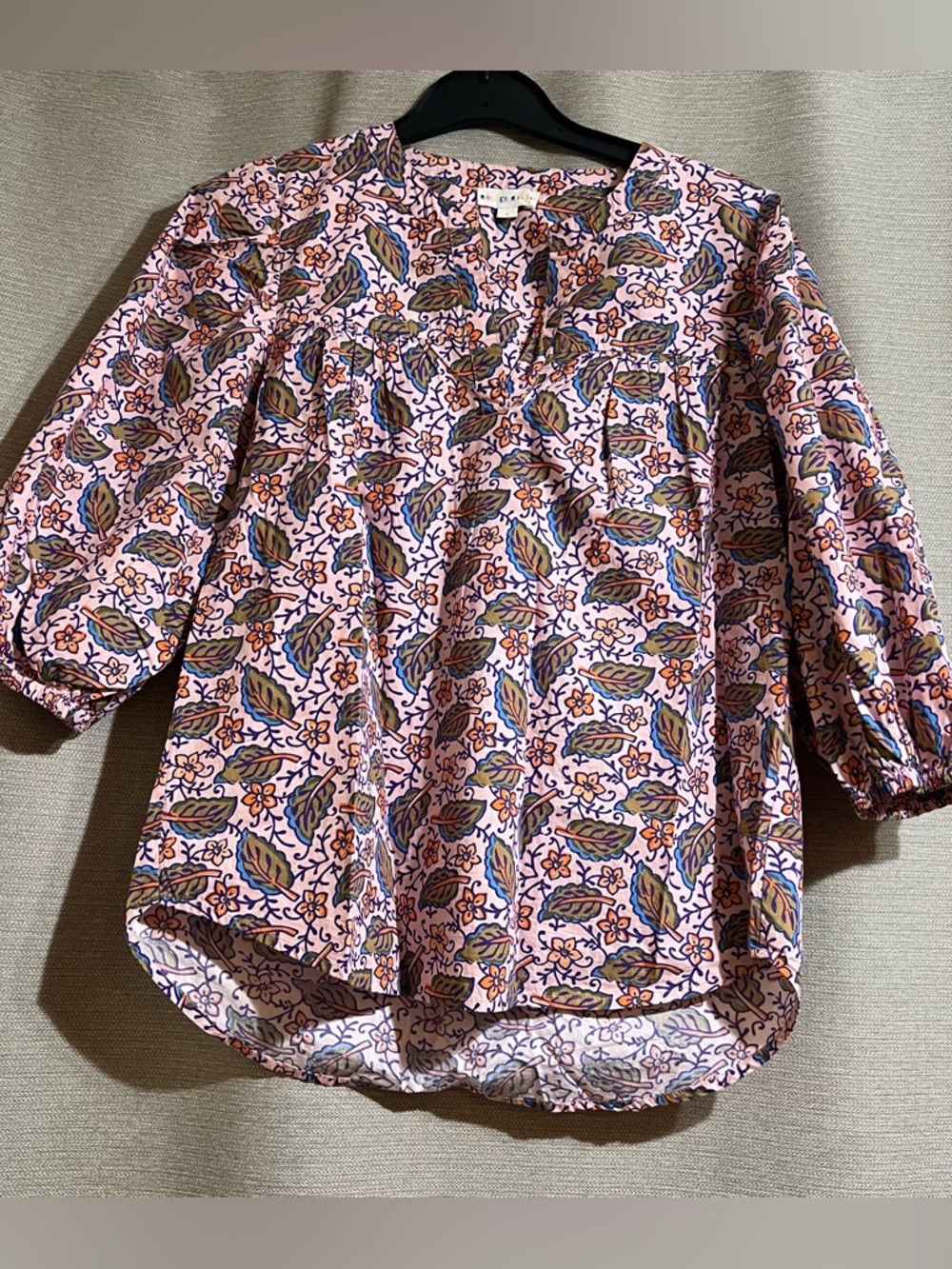 Roller Rabbit  Pink‎ Floral Leaf Print Cotton Blouse Top Peasant Size Small
